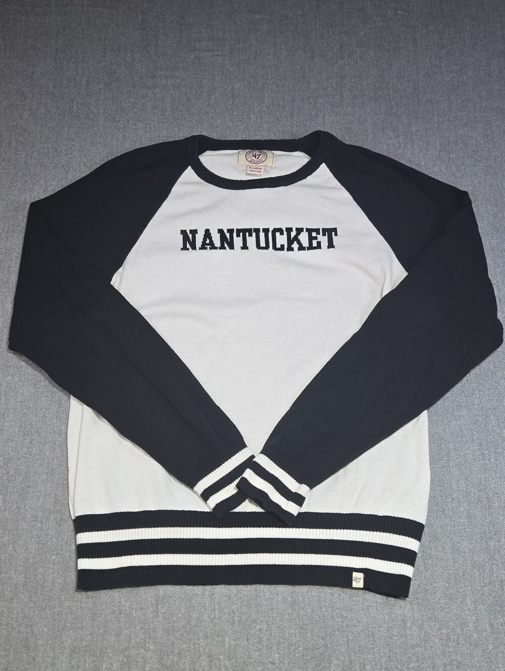 ​47 Brand Nantucket Knit Sweater XL White Black Raglan Varsity Sleeve Prep